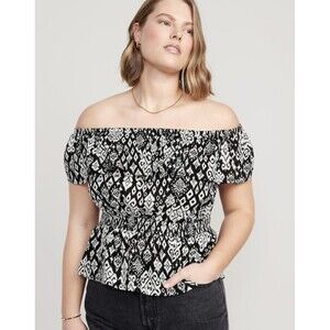 NWT Old Navy Off the Shoulder Waist Defined Smocked Black White Blouse Size XL